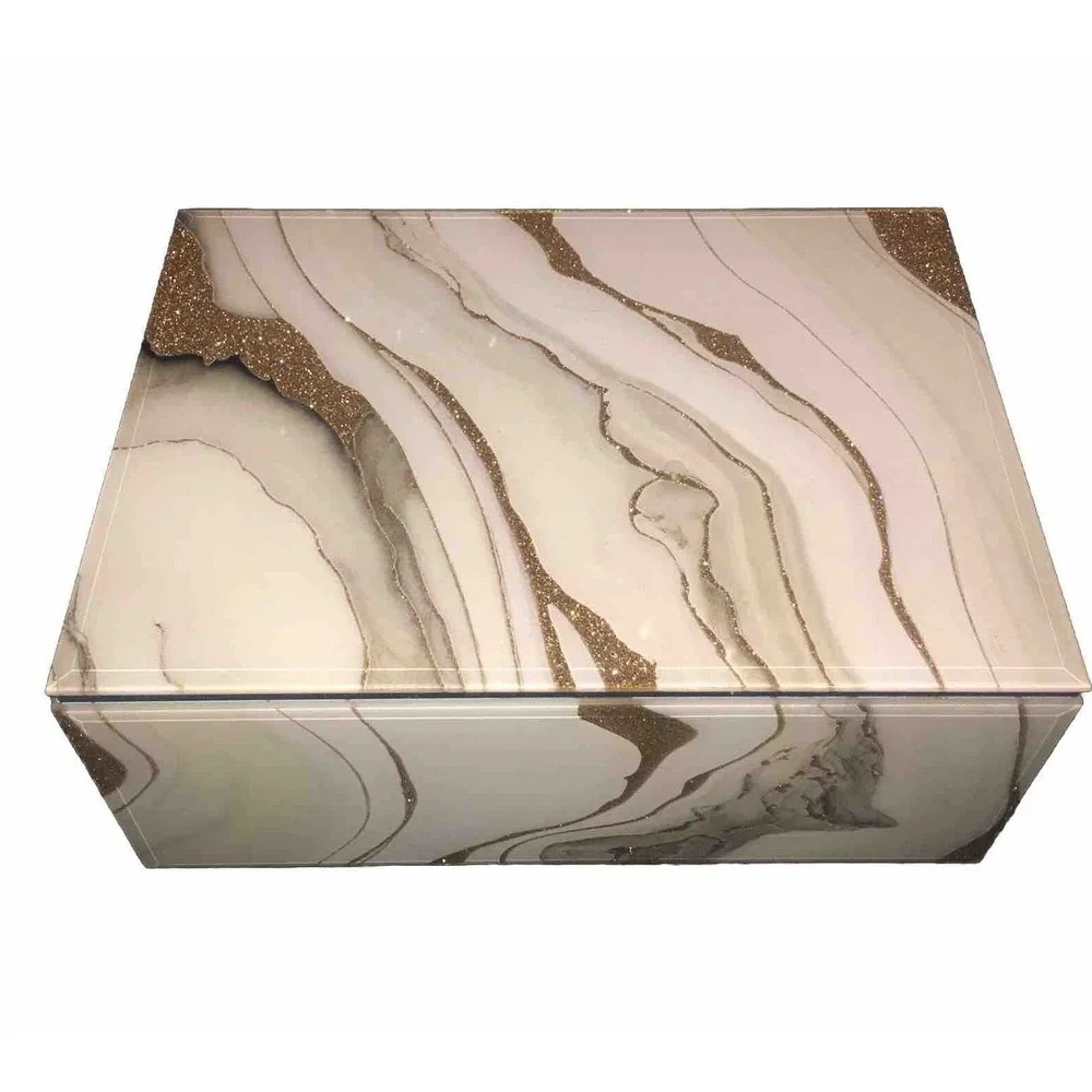 Glass Gold Glittery White Faux Marble Jewelry Box